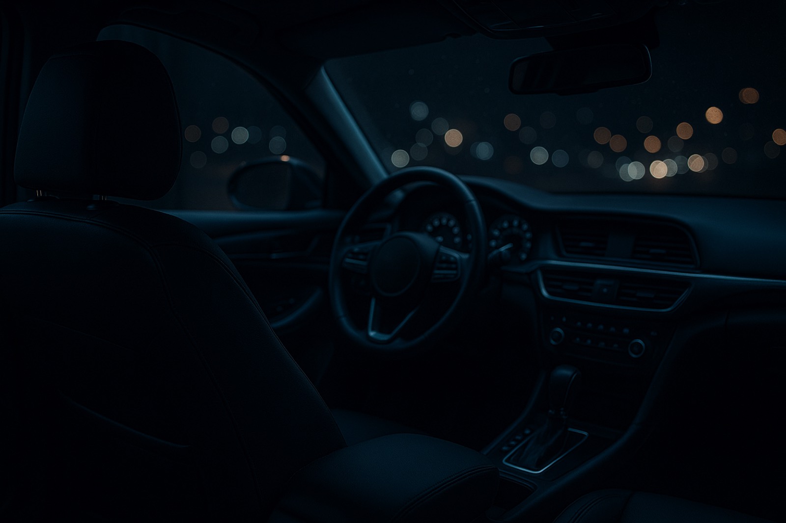 The view from the back-left seat of a sedan at night, dashboard glowing softly, city lights ahead