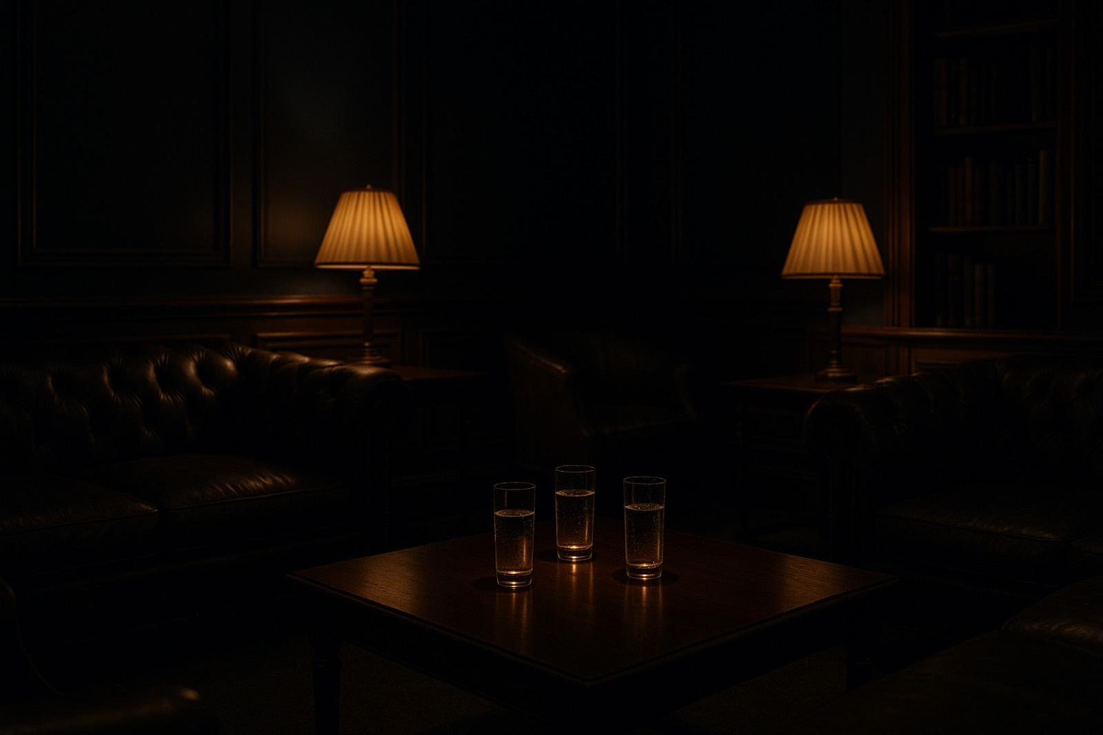 A private members lounge at night, lit by warm gold lamplight