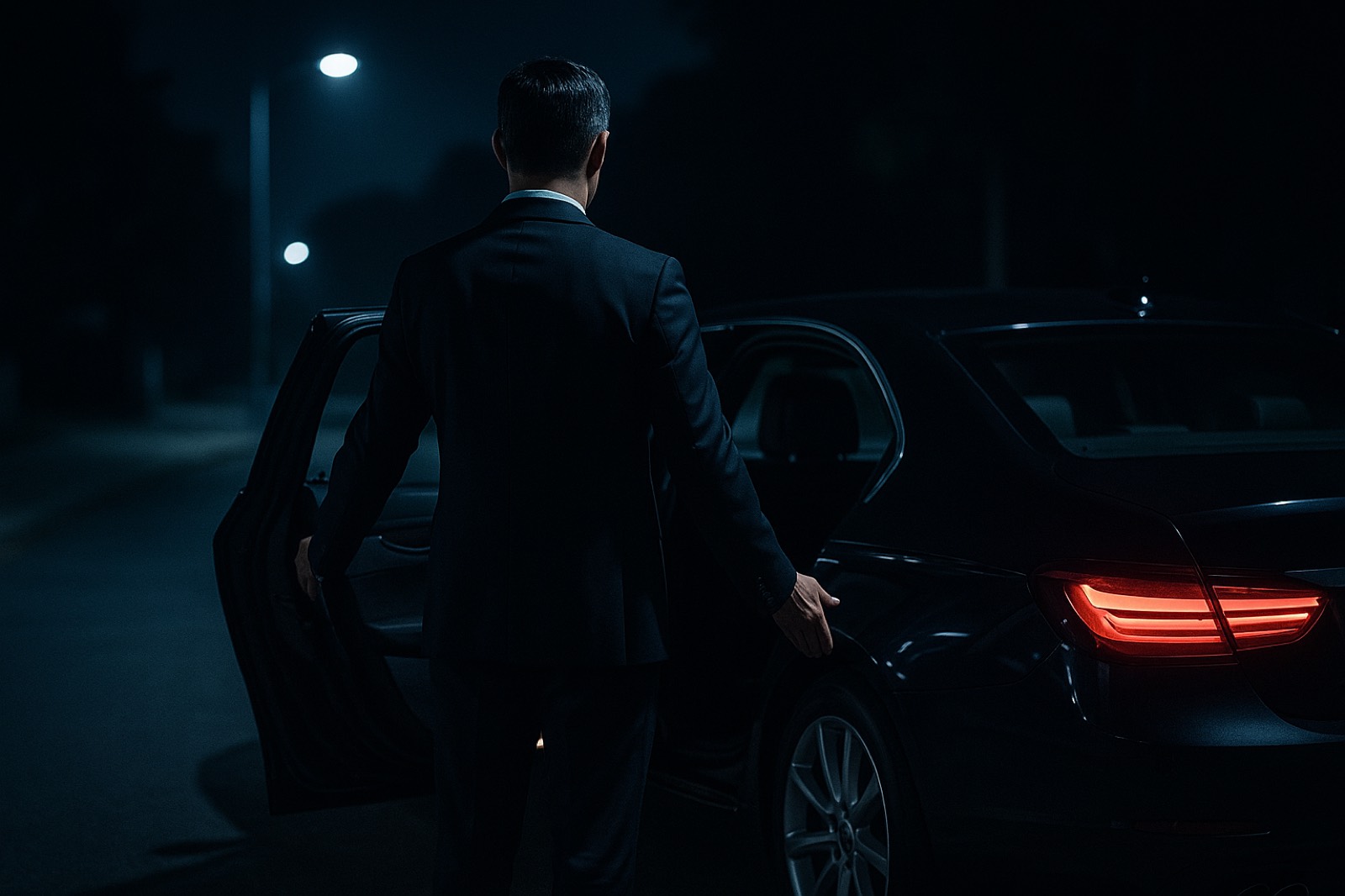 A professional driver in a dark suit holds open the rear door of a sedan at night