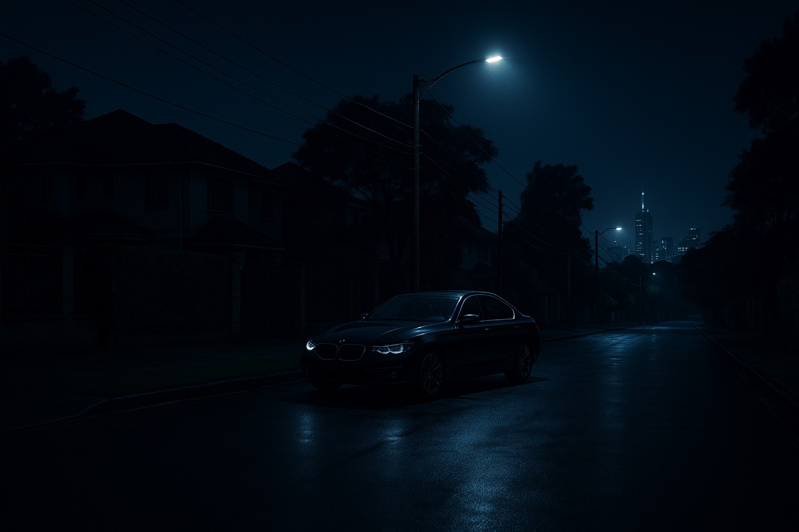 A dark premium sedan parked on a quiet Nairobi street at night, lit by cool streetlight