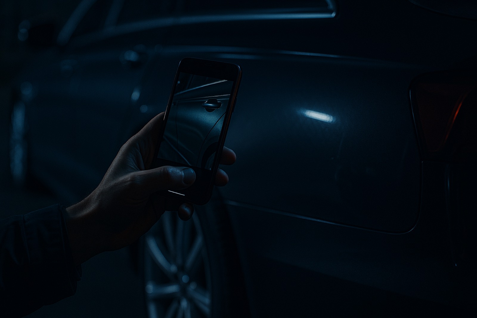 A hand holds a smartphone photographing the body panel of a dark sedan at night during a handover inspection