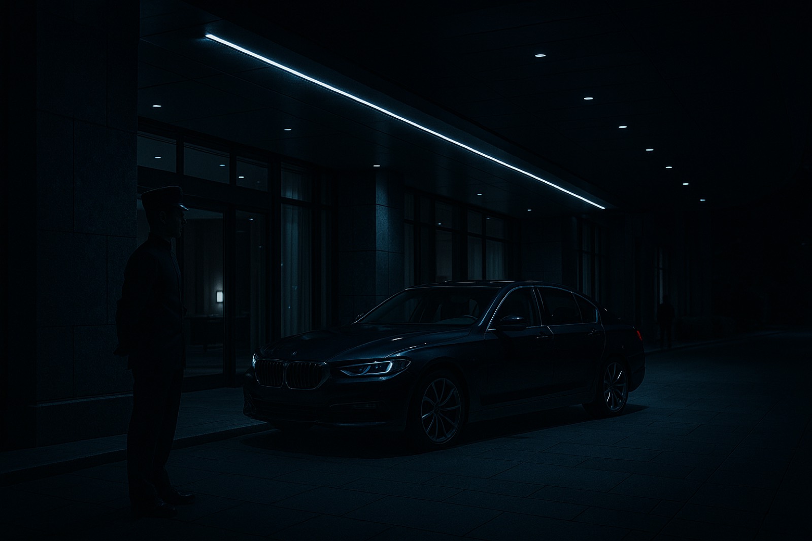 A hotel entrance driveway at night with a dark sedan waiting under cool architectural lighting